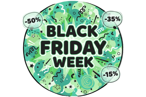 En rund formad badge som ska passa en scroller med färgpalett Mintgrön och lekfull Grön och svar, bakgrund utanför badge ska vara inget/genomskinligt så att det inte blir en fyrkantig bild. Stor explosiv text "Black Friday Week" festlig bakgrundsbild med barn silouette med Några bubblor hit och dit där med "-50%" i en bubbla, "-35%" i en annan och "-15%" i en annan för att indikera flygande rabatter 

