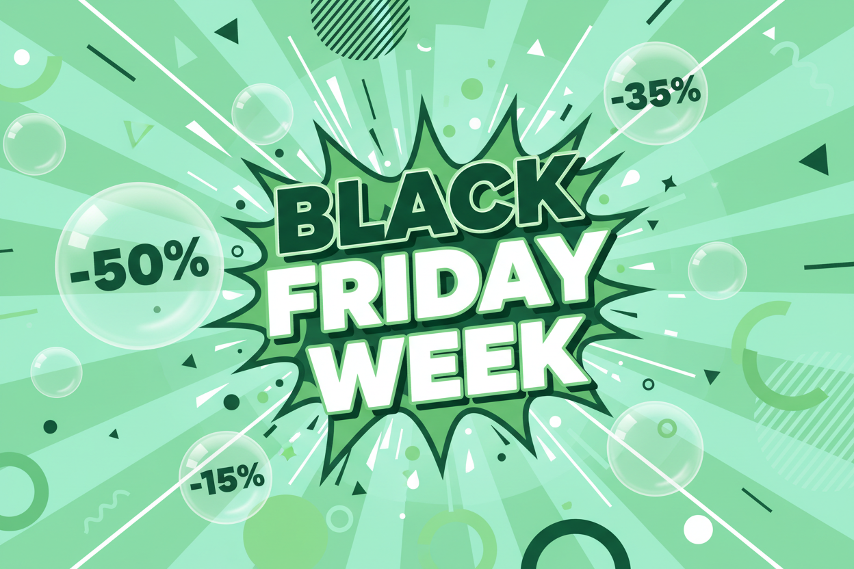 Framsida förstabild med färgpalett Mintgrön och lekfull Grön. Stor explosiv text "Black Friday Week" festlig bakgrundsbild med barn silouette med Några bubblor hit och dit där med "-50%" i en bubbla, "-35%" i en annan och "-15%" i en annan för att indikera flygande rabatter 
